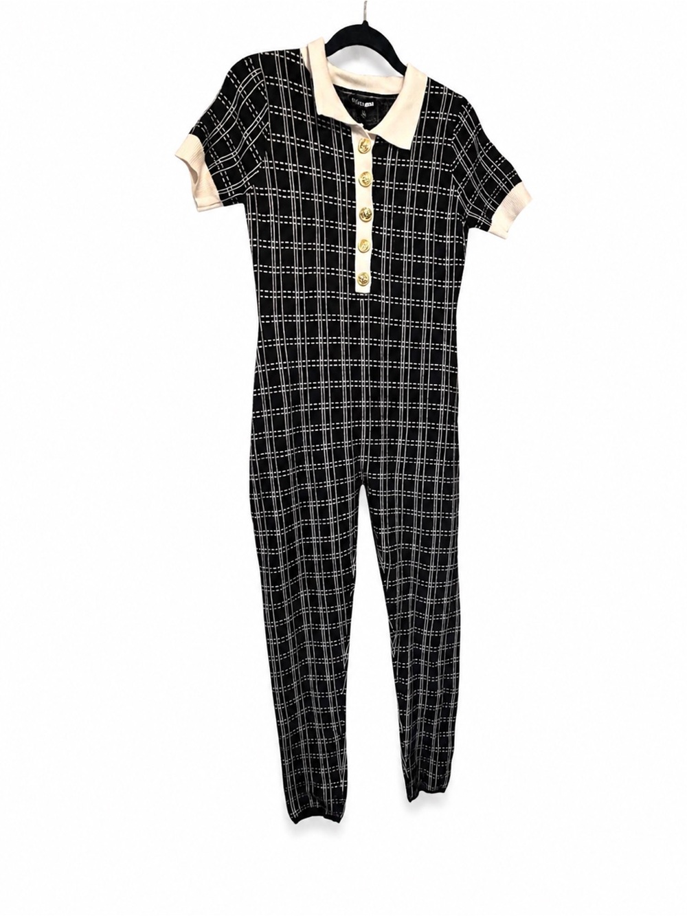 Fashion Nova Black Plaid One-Piece Romper with Cream Trim - Picture 2 of 11
